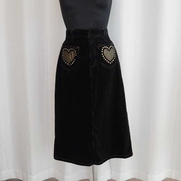 Y2K Black Corduroy Heart Patch Midi Skirt Sz 2 - Picture 1 of 6
